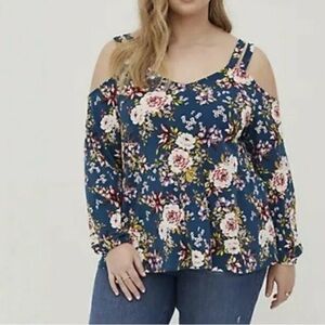 Torrid Blue Floral Cold Shoulder Blouse